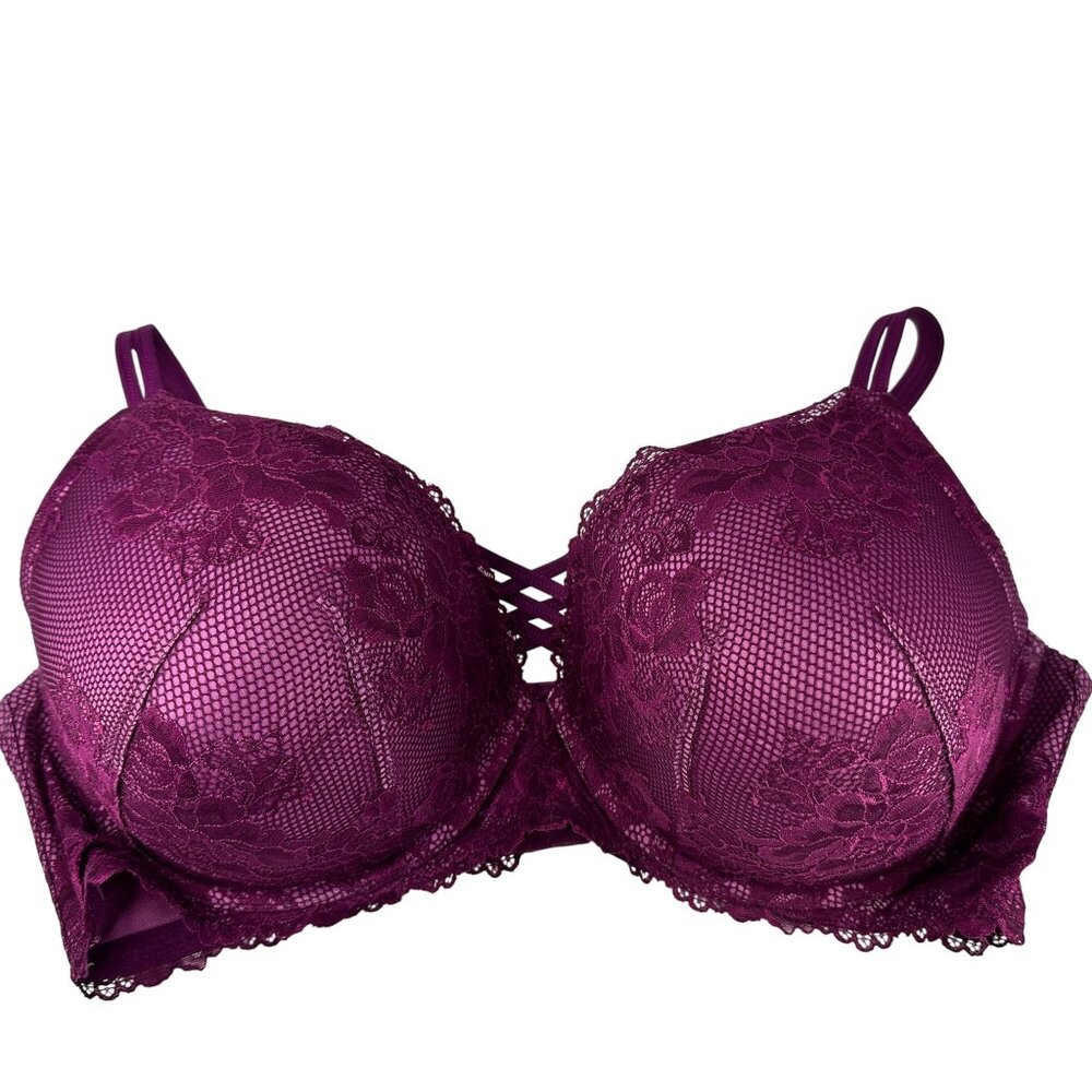 Torrid 46DDD Push-Up Criscross Lace Plunge Bra Burgundy Nylon/Spandex RN#148862